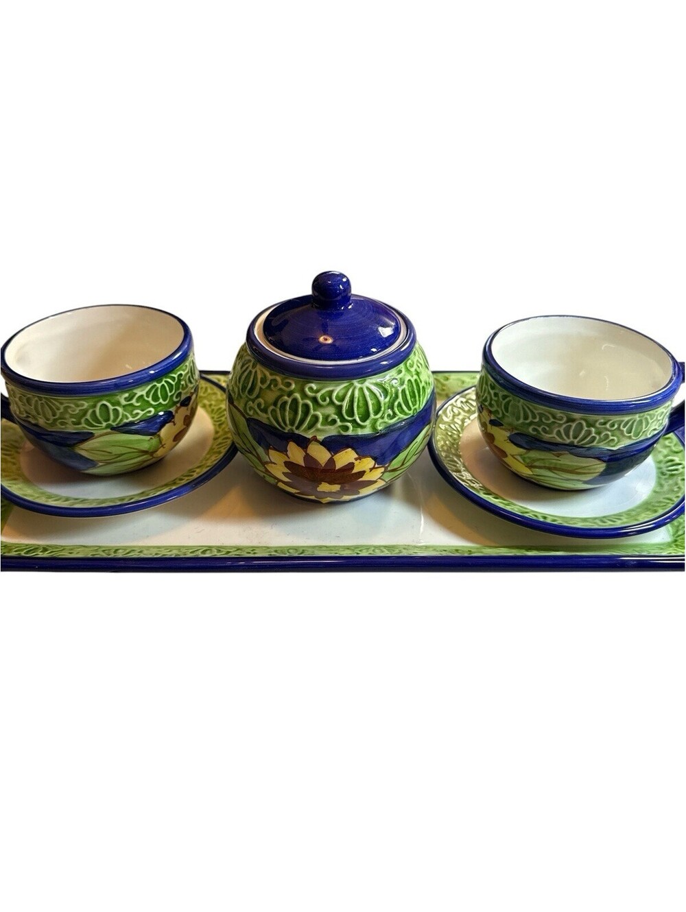 Cobalt Blue Green Sunflower Ceramic Tea Set Cups Saucers Sugar Bowl Tray